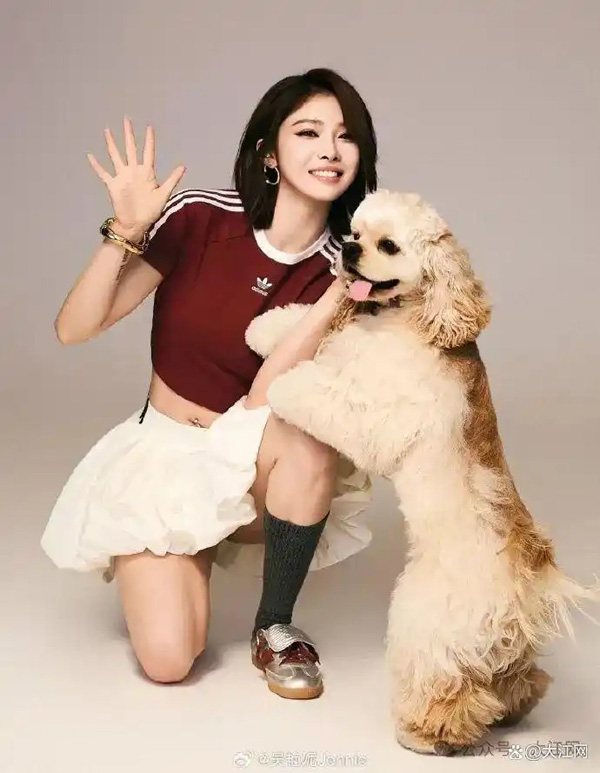 吴艳妮晒与爱犬时尚大片，露腰短裙大秀马甲线，大长腿撑起“超模气场”